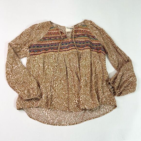 Savanna Jane Blouse Large Yellow White Boho Flowy Leopard Print Embroidered Top - Picture 1 of 9